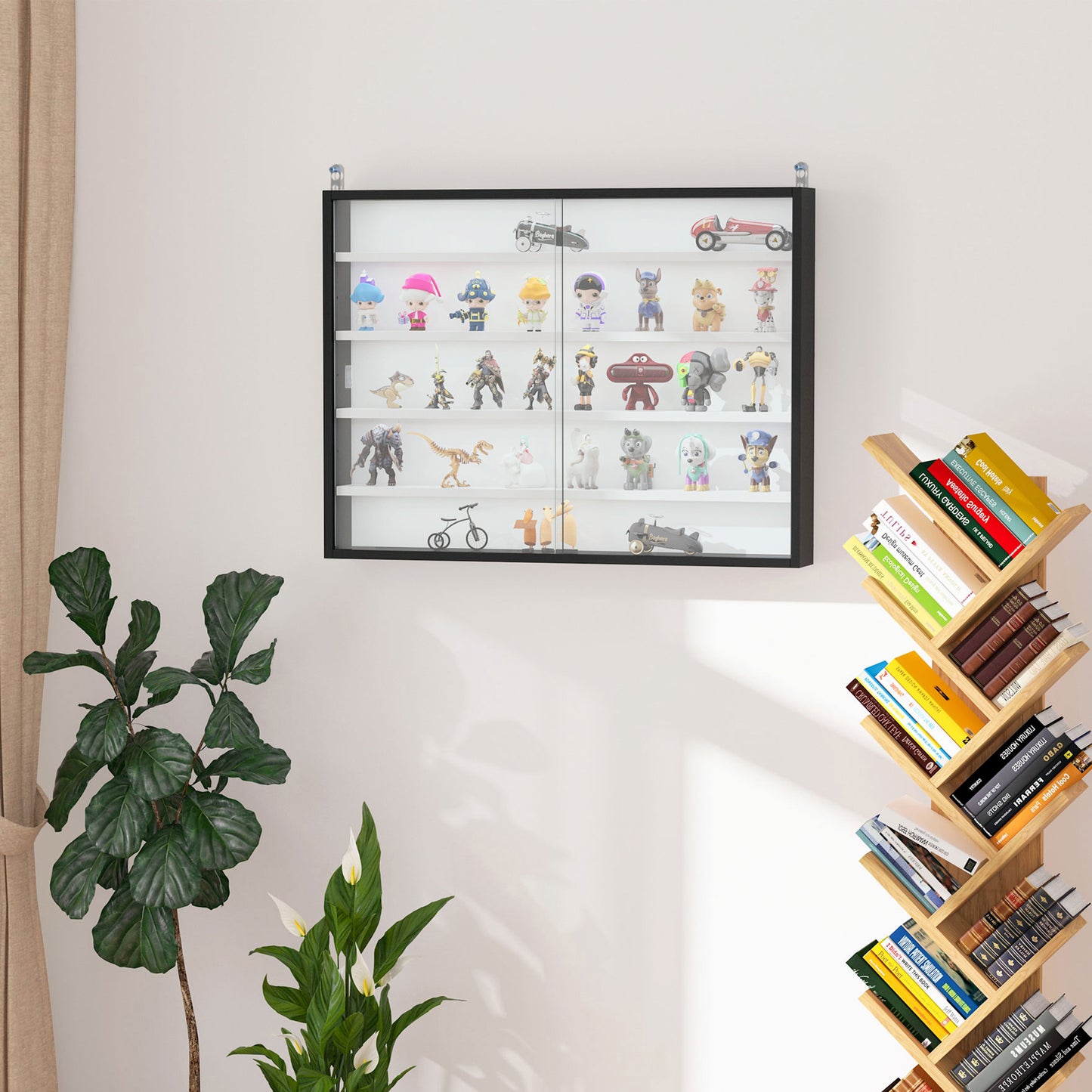 Vitrine à 5 niveaux avec 2 portes vitrées et 4 étagères réglables, noir