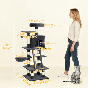 Grand arbre à chat de 132 cm pour chats d'intérieur, gris foncé