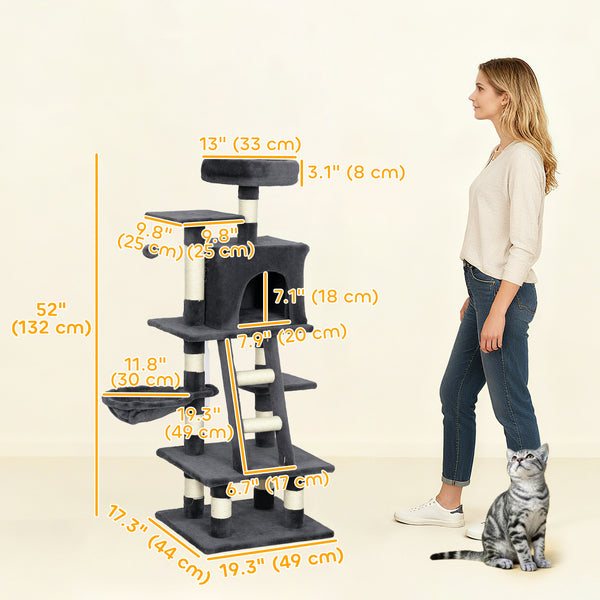 Grand arbre à chat de 132 cm pour chats d'intérieur, gris foncé