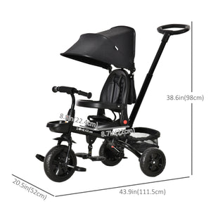 Tricycle 4 en 1 avec siège réglable réversible, poignée amovible et ceinture, noir