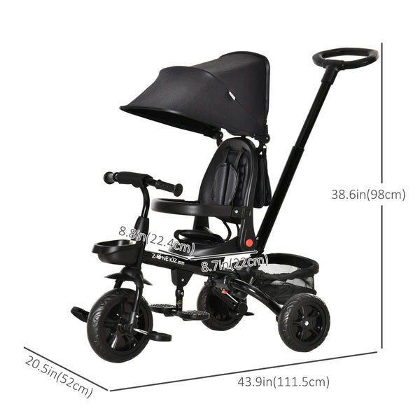 Tricycle 4 en 1 avec siège réglable réversible, poignée amovible et ceinture, noir