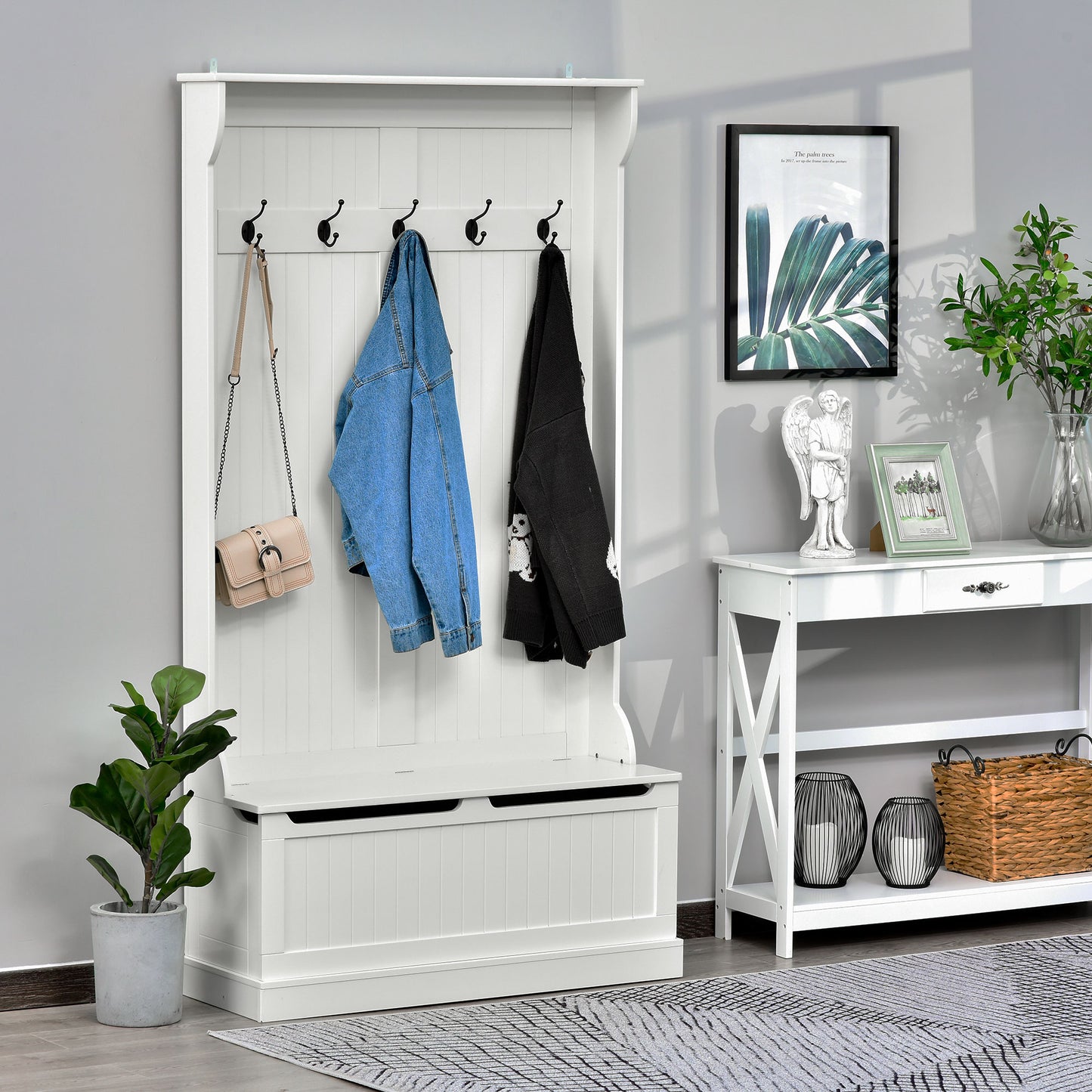 Meuble d'entrée 3 en 1 avec porte-manteau, rangement à chaussures et banquette, crochets , blanc