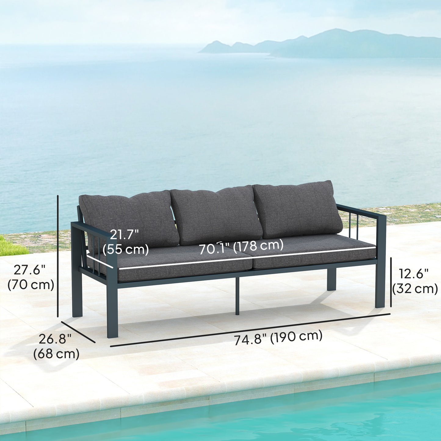 Canapé d'extérieur 3 places en aluminium avec coussins, assise large et accoudoirs, gris foncé