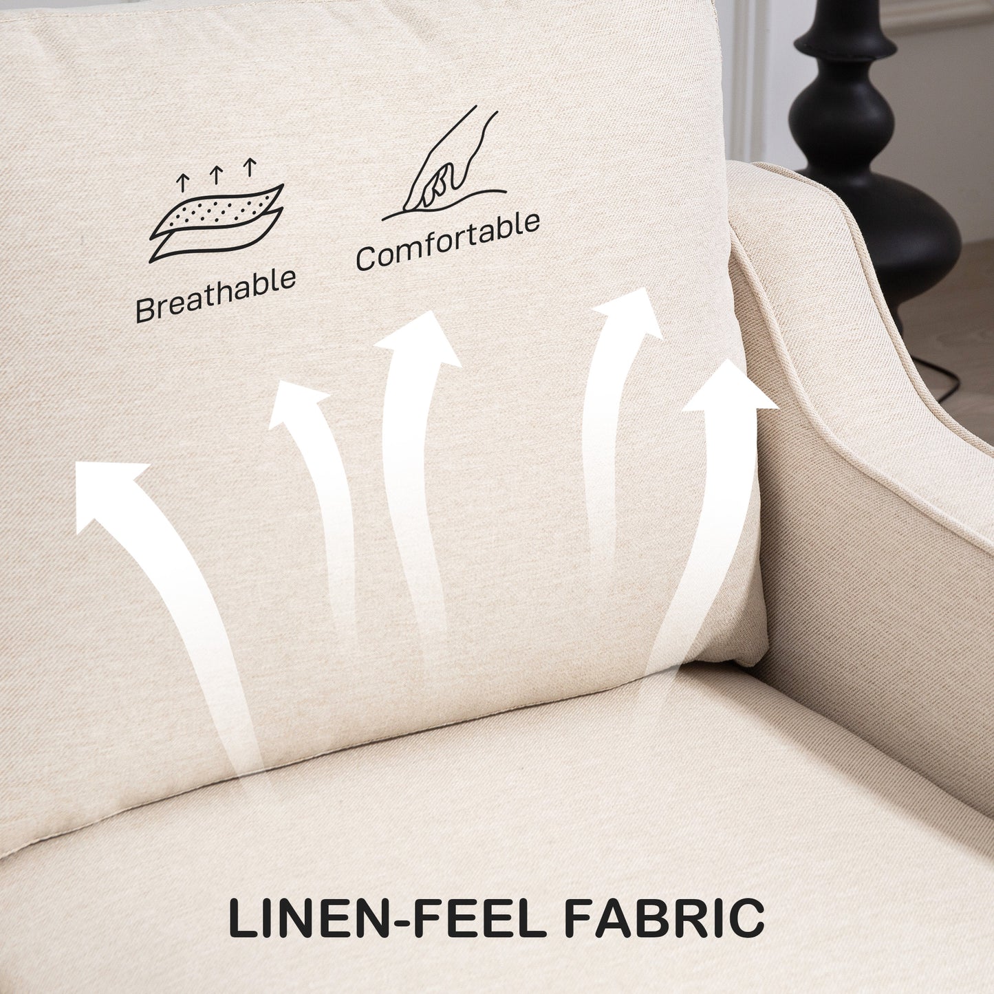 Modern sofa with pocket springs, linen upholstery, thick padding, beige