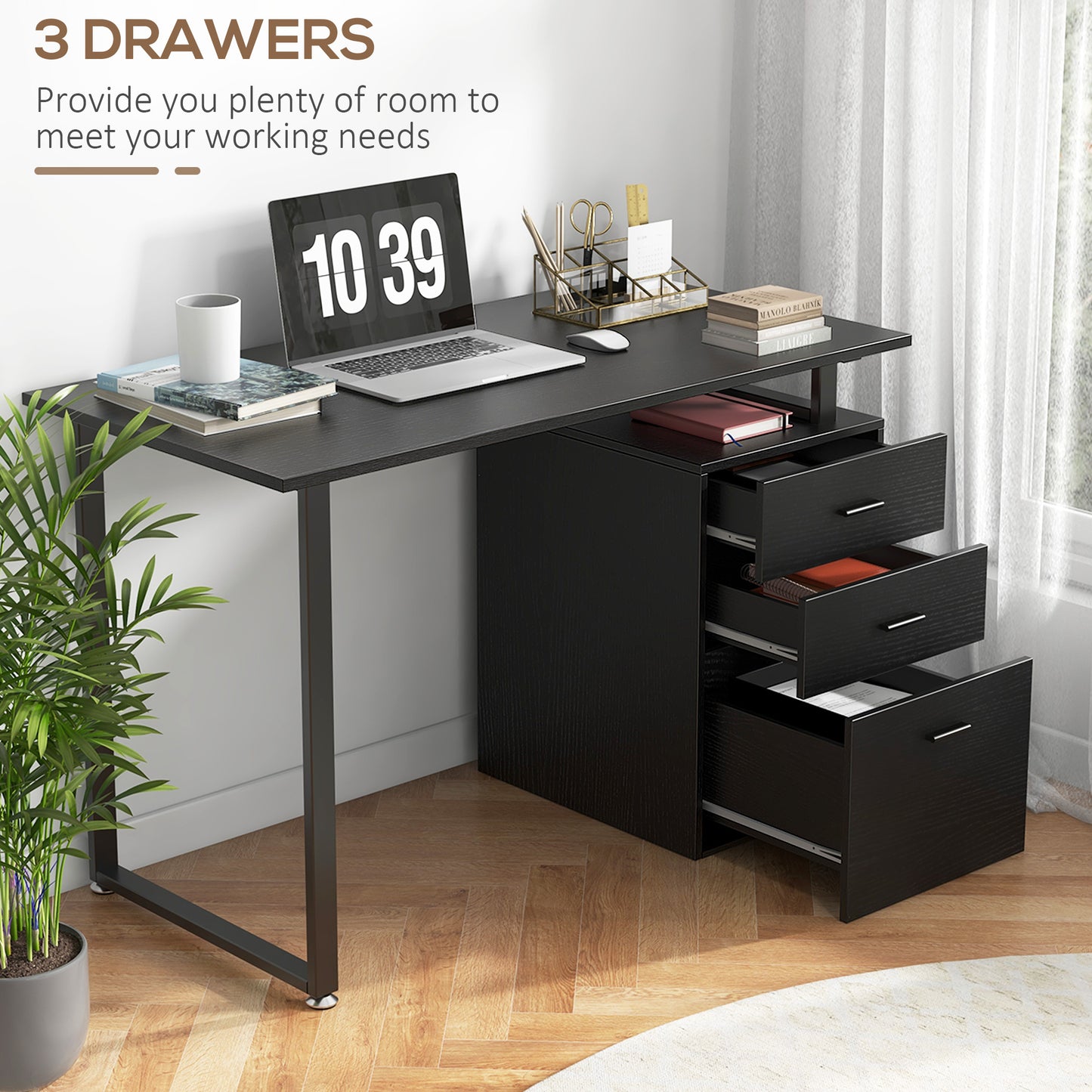 Bureau d'ordinateur moderne avec tiroirs de rangement, noir