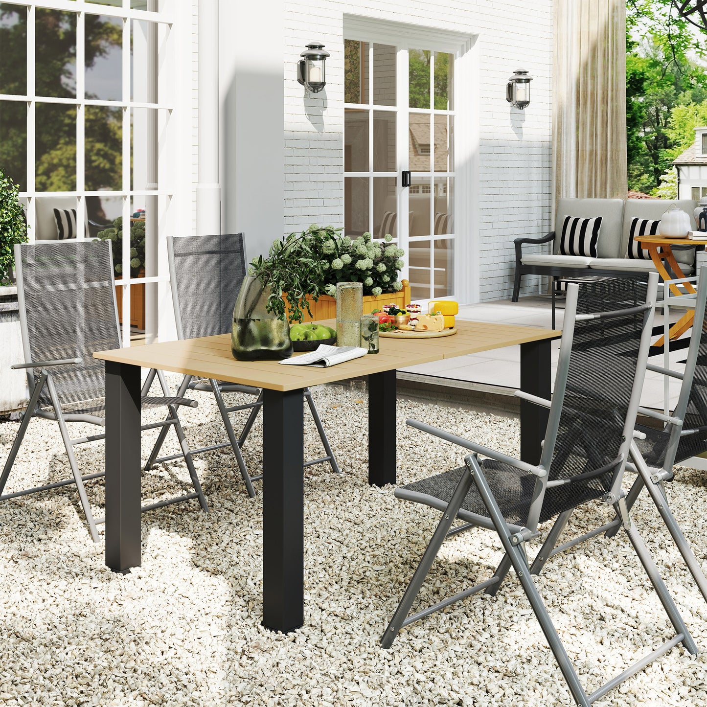 Outsunny 59" Outdoor Patio Table with Umbrella Hole, Outdoor Dining Table with Slatted Top for Garden, Brown