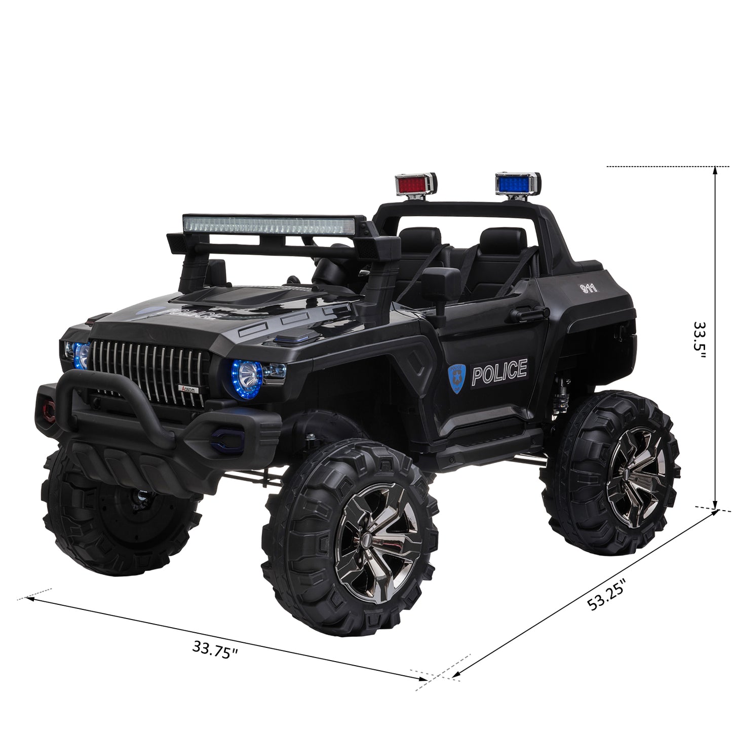 12V 2-Seater Police Car for Kids Ages 3-8 with Parental Remote Control, LED Lights, MP3 Player, Black