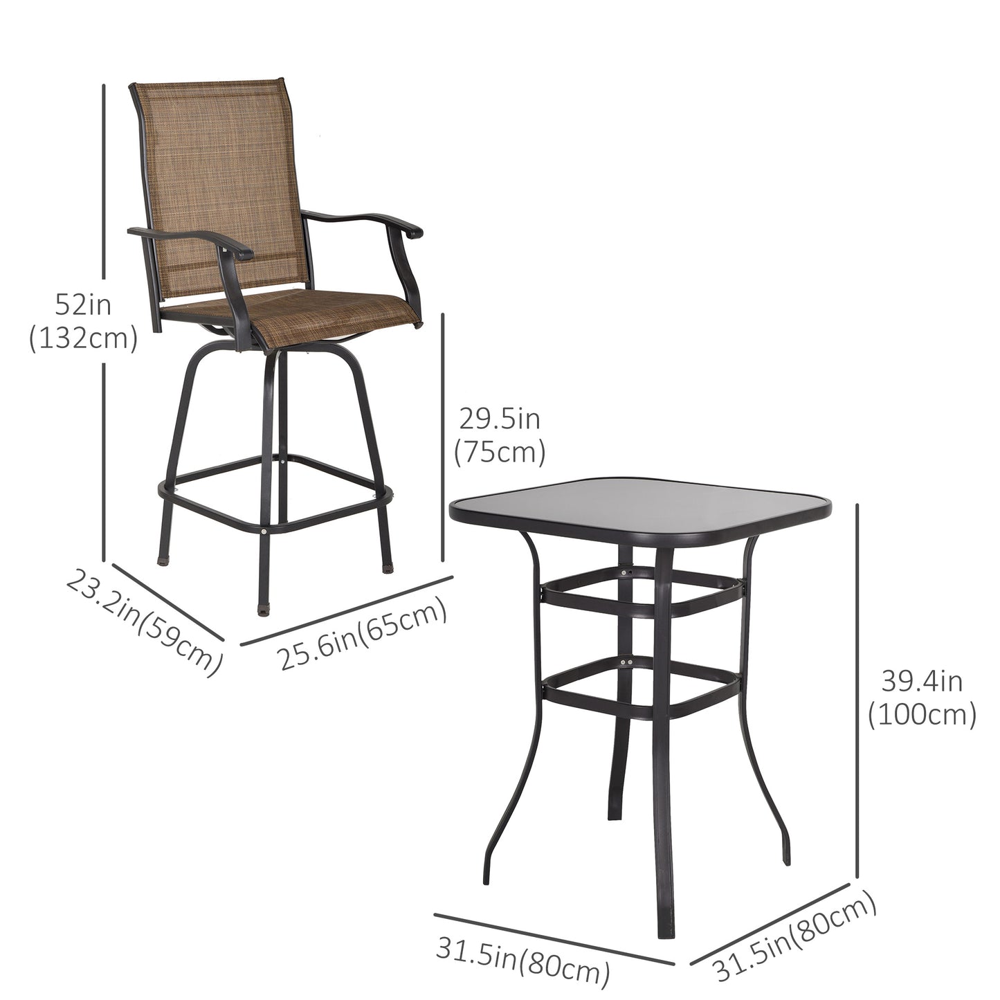 Outsunny 3 Piece Outdoor Patio Bar Set 2 Swivel Stool and 1 Bistro Table All-Weather Metal Frame for Balcony Backyard Deck Brown |