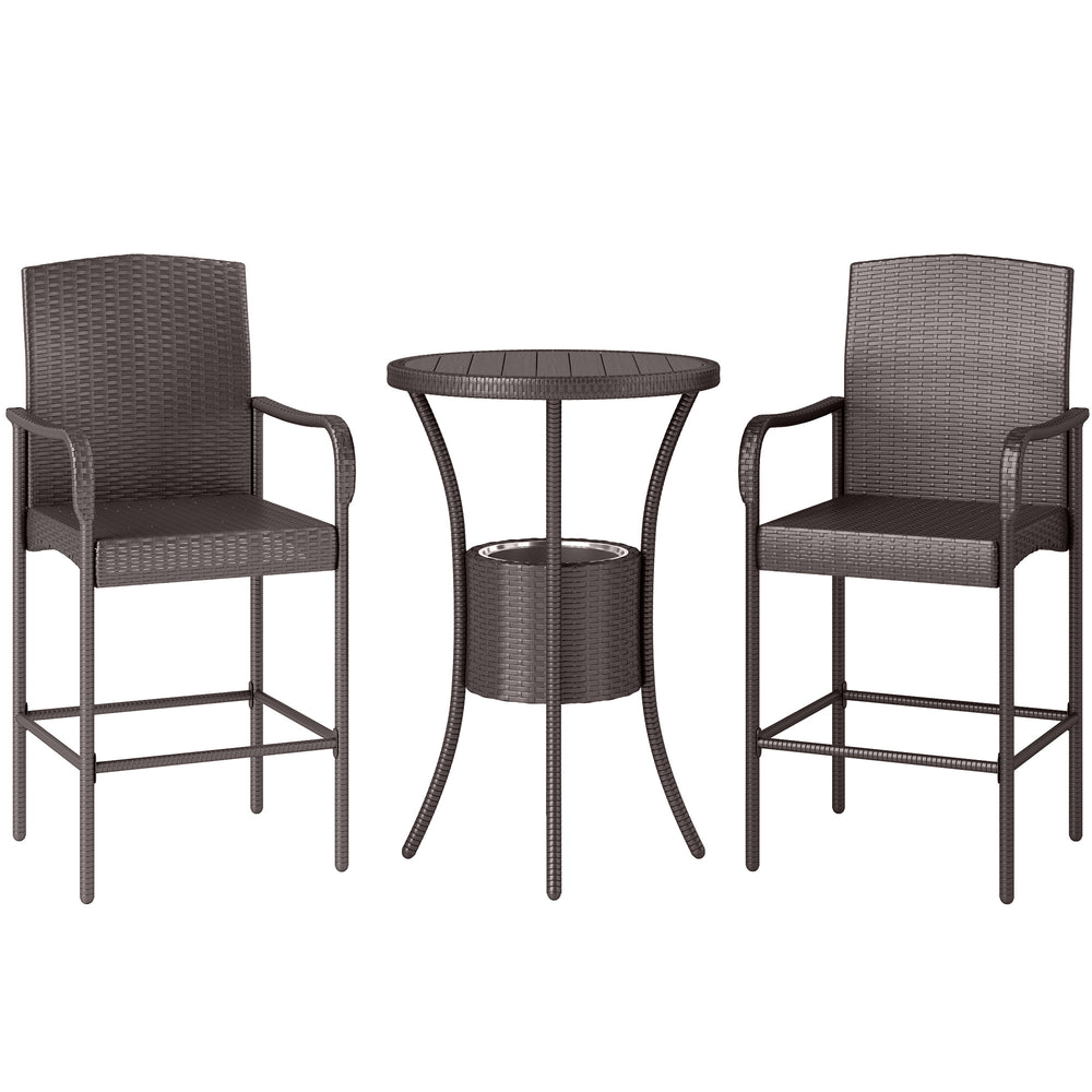 Ensemble de bar de terrasse 3 pièces en rotin marron foncé avec table et chaises de bistrot