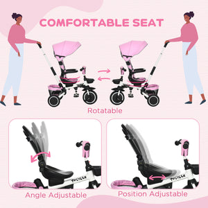 Tricycle 6 en 1 pliable avec siège réglable et poignée de poussée, rose