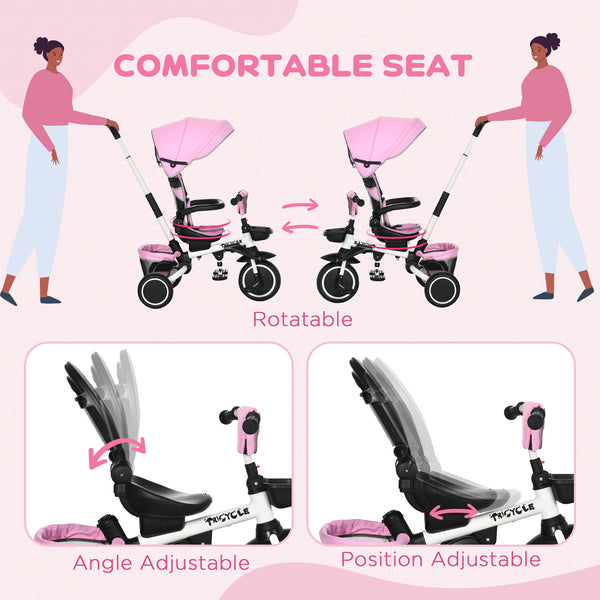 Tricycle 6 en 1 pliable avec siège réglable et poignée de poussée, rose