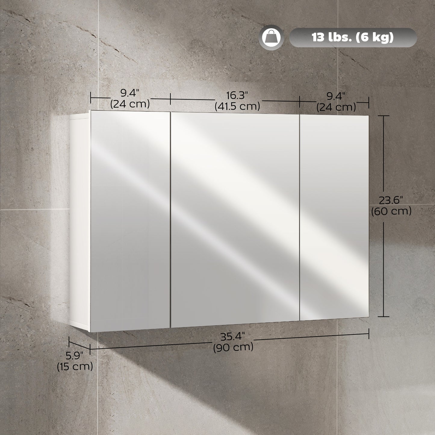 Armoire à pharmacie avec miroir, 3 portes et étagères réglables, blanche