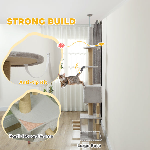 226-254 cm Cat Tree with Scratching Post, House, 3 Steps, Hanging Ball and Perches, Light Grey