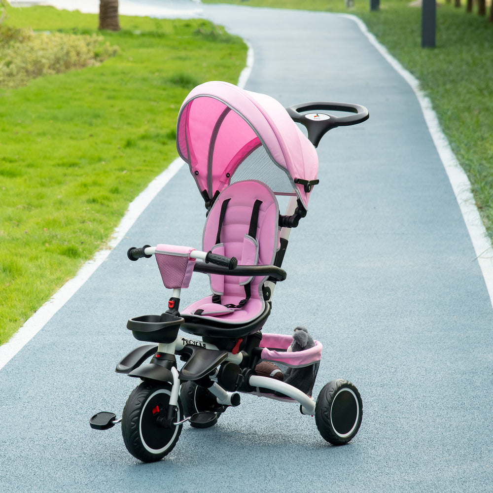 Tricycle 6 en 1 pliable avec siège réglable et poignée de poussée, rose