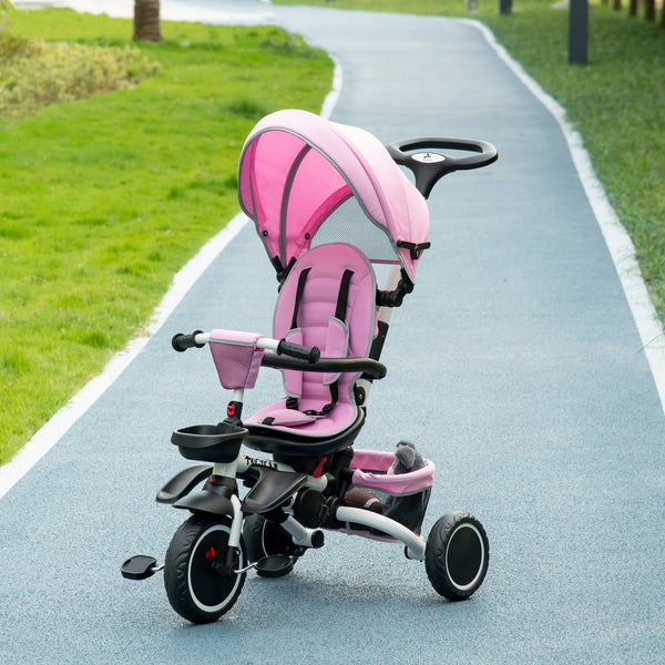 Tricycle 6 en 1 pliable avec siège réglable et poignée de poussée, rose