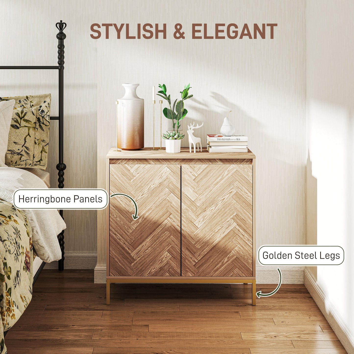 Sideboard with doors, adjustable shelf and steel legs, living room sideboard, oak