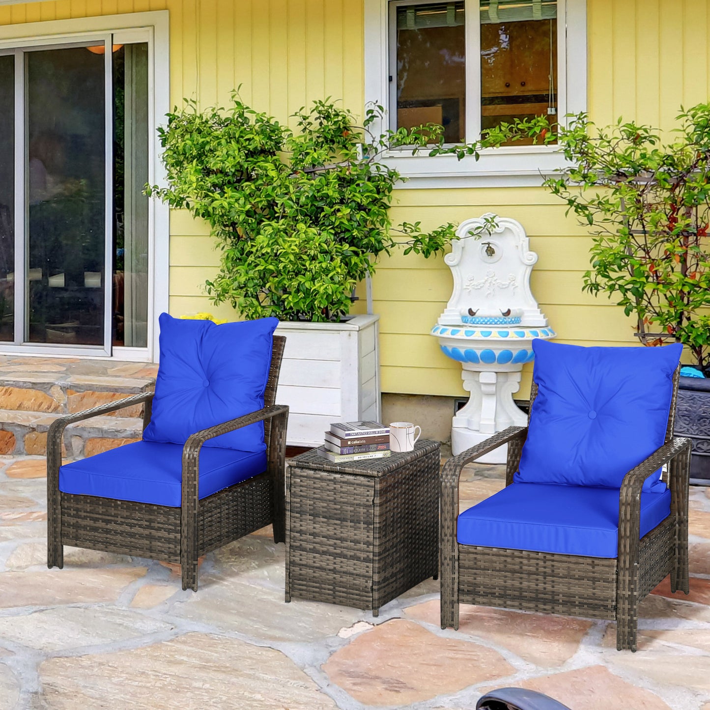 Outsunny 3 Piece Wicker Garden Furniture Set, Rattan Bistro Set with Storage Coffee Table and Thick Cushions, Outdoor Conversation Set for Garden, Porch, Balcony, Blue