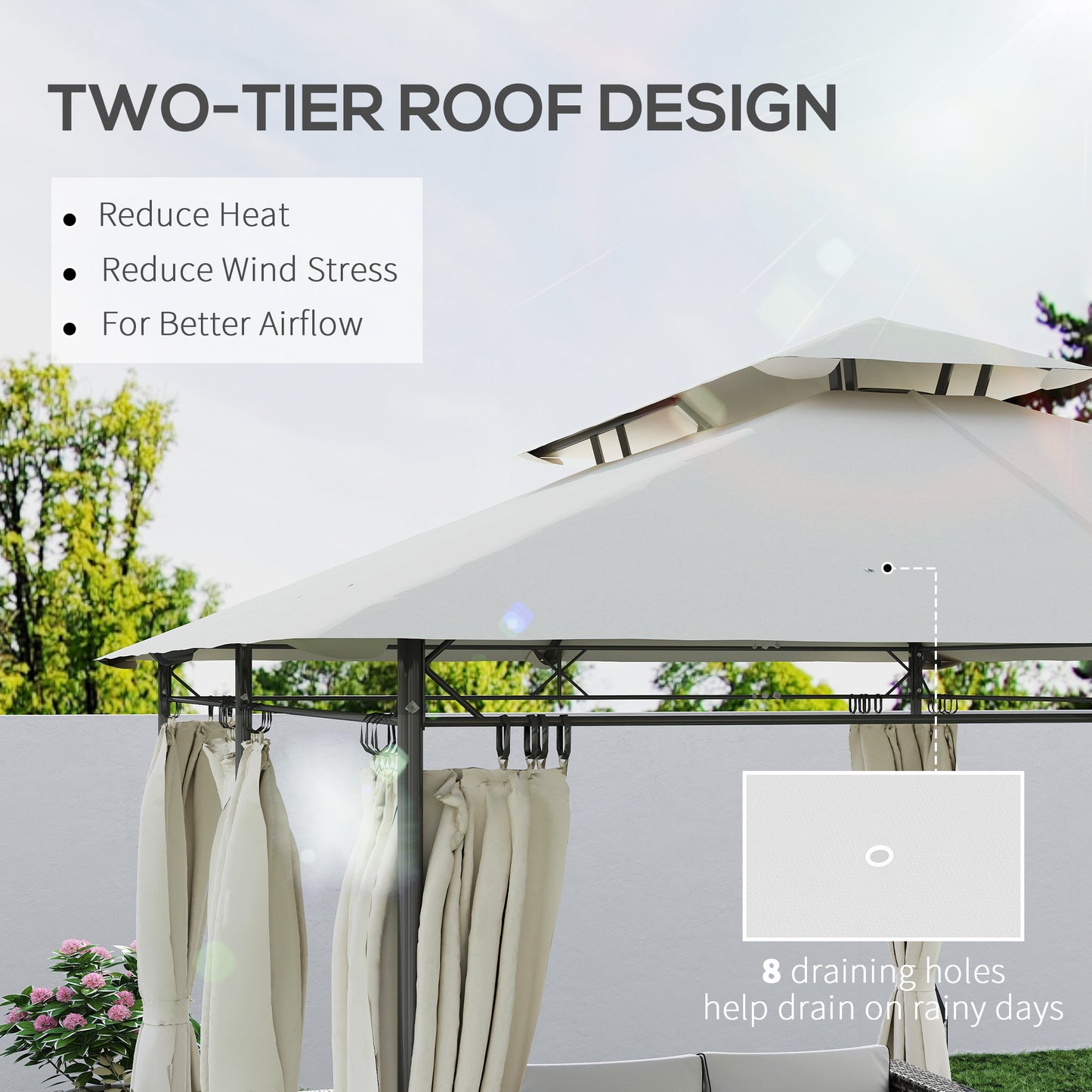 Tonnelle de jardin 10' x 13' à double toit, avec rideaux, blanc crème