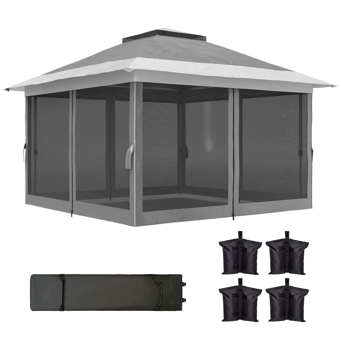 Gazebo 11,7' x 11,7' avec filet, abri solaire instantané UPF50+ avec sac de transport à roulettes et sacs de sable