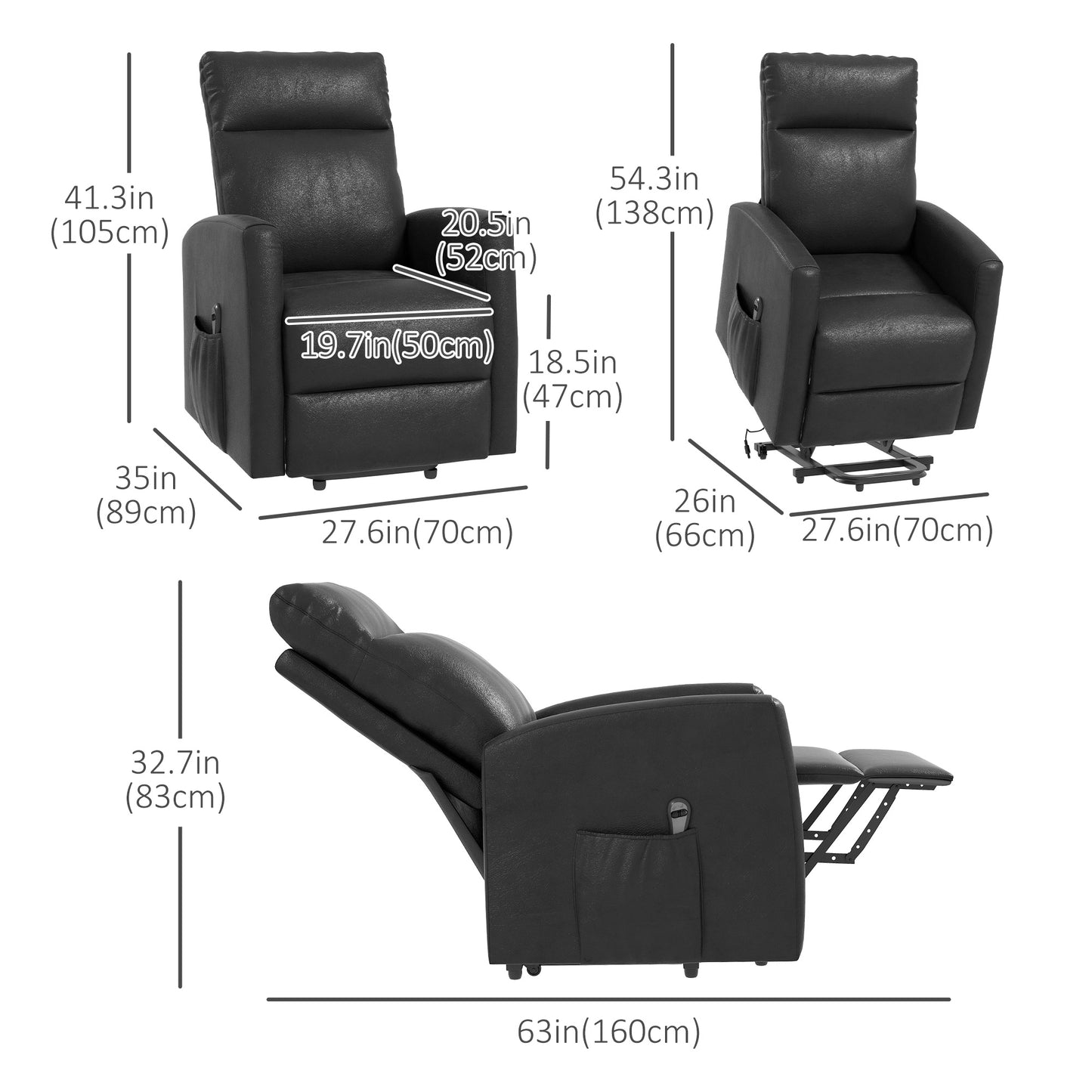 Fauteuil inclinable releveur électrique avec télécommande et poche latérale, gris