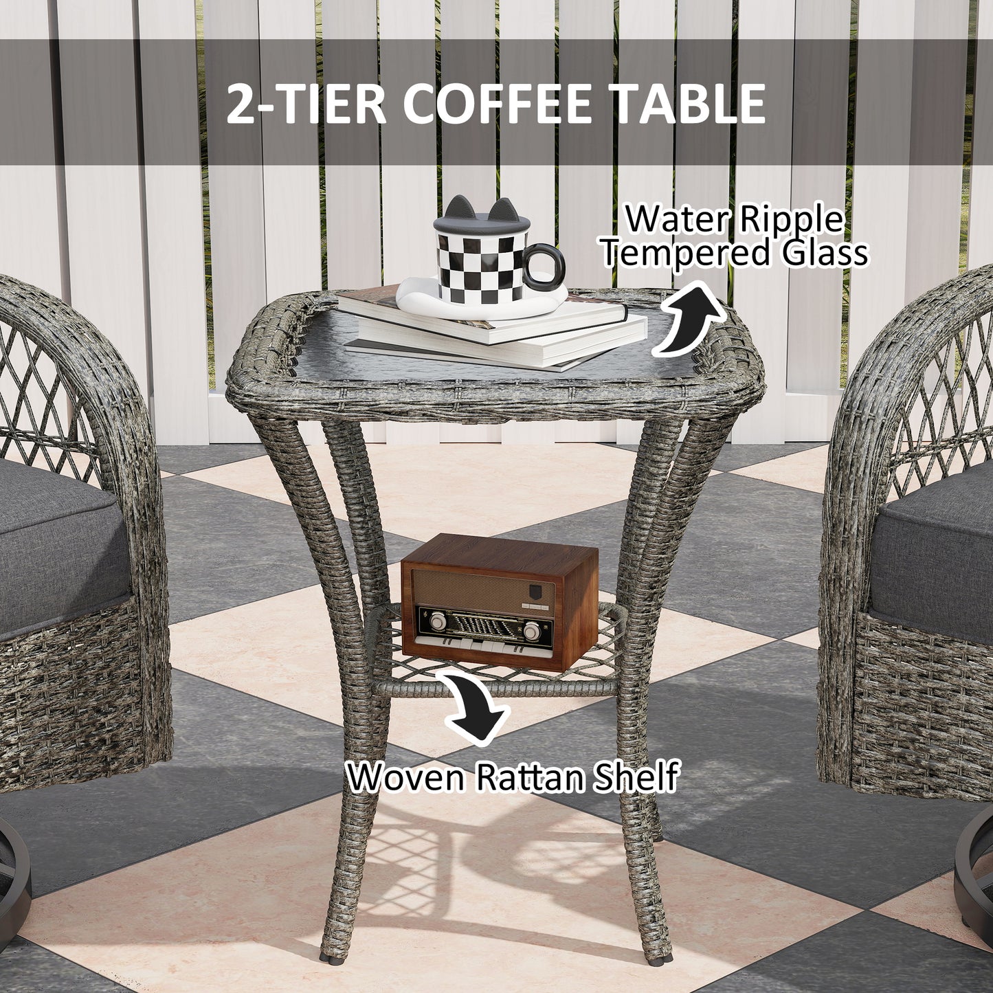 Ensemble de jardin 3 pièces en osier avec 2 fauteuils pivotants à bascule et une table basse en verre à deux niveaux, gris