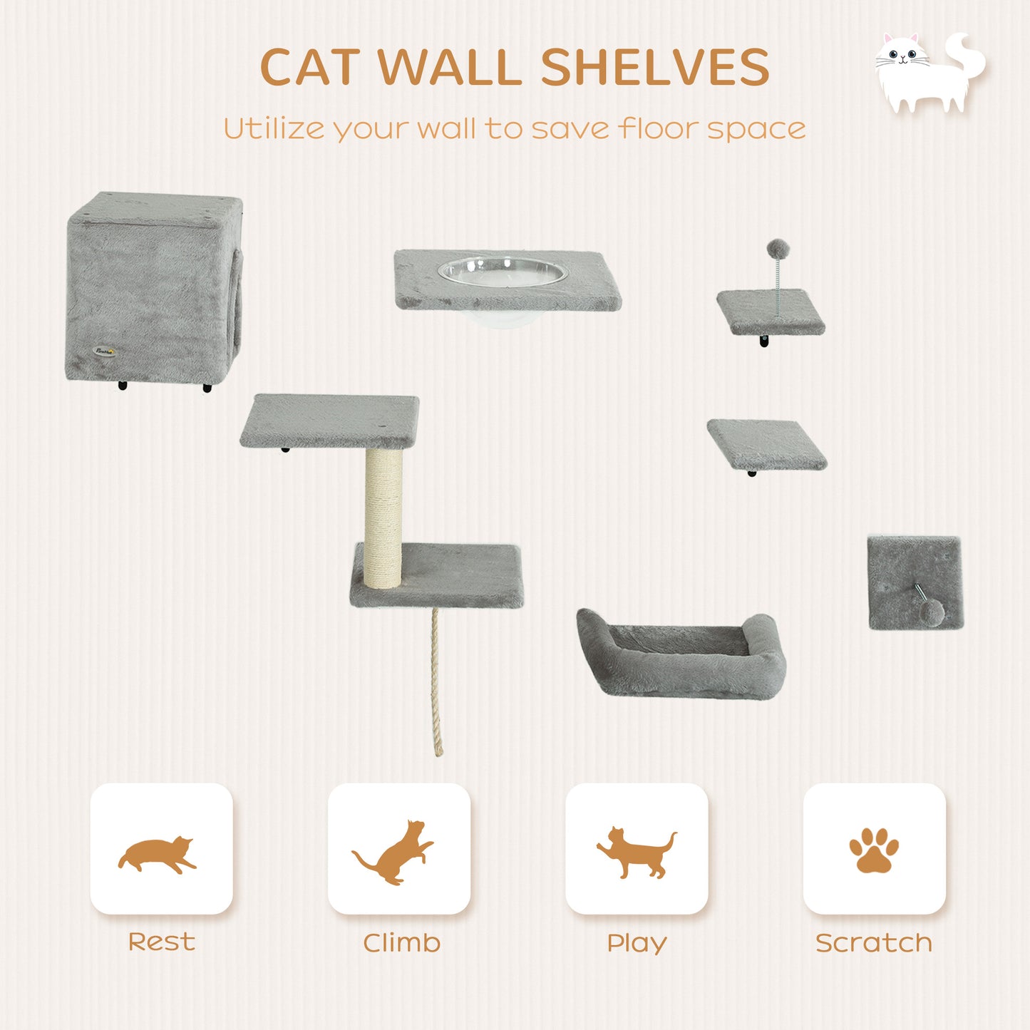 Set of 7 Wall Shelves and Perches with House, Sisal Ladder, Bed and Ball, Grey