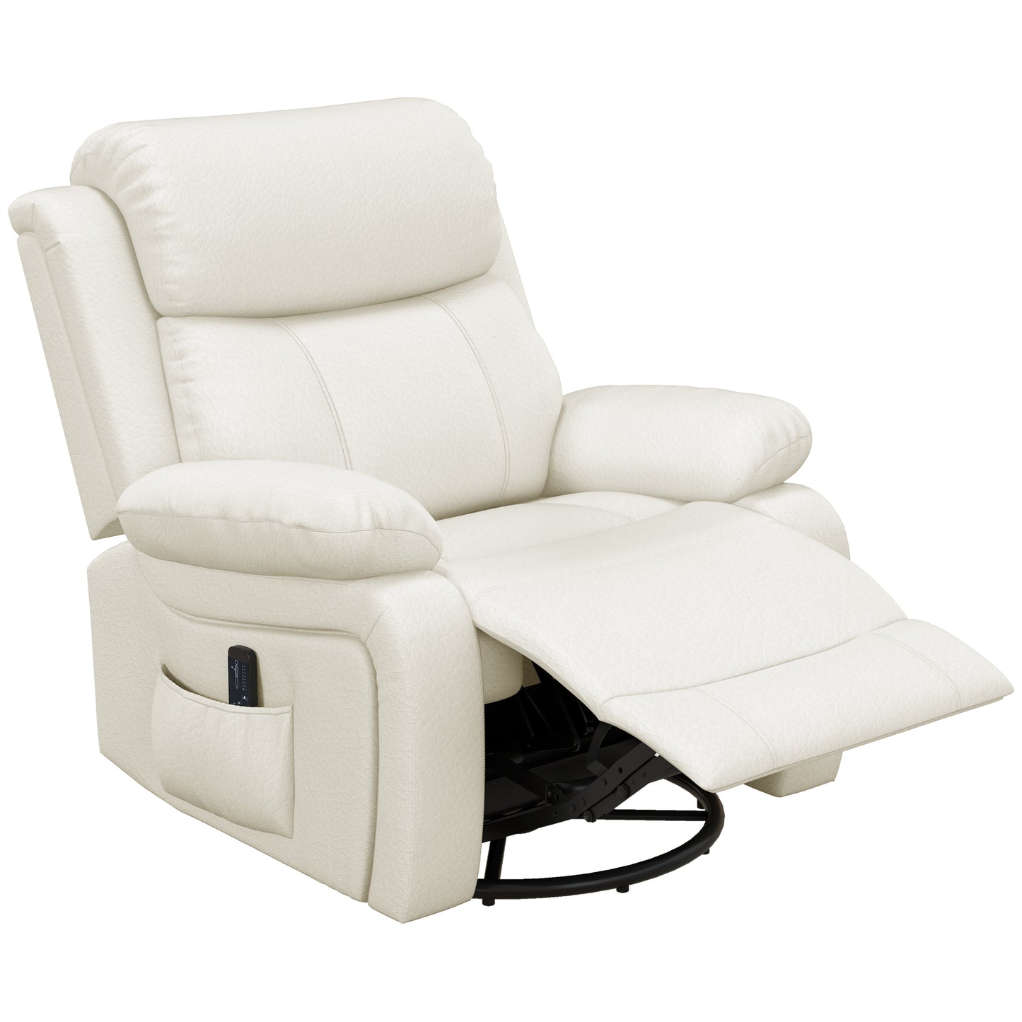 Fauteuil inclinable en cuir synthétique avec massage par vibration, base pivotante, fonction bascule, télécommande, blanc crème