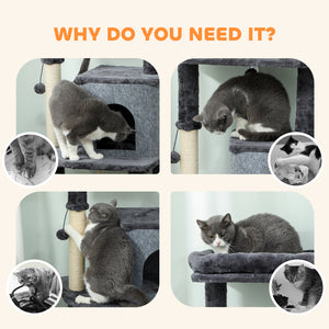 Arbre à chat de 132 cm avec griffoirs, panier, niche et brosse de toilettage, gris