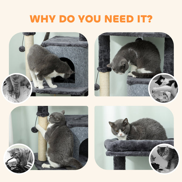 Arbre à chat de 132 cm avec griffoirs, panier, niche et brosse de toilettage, gris