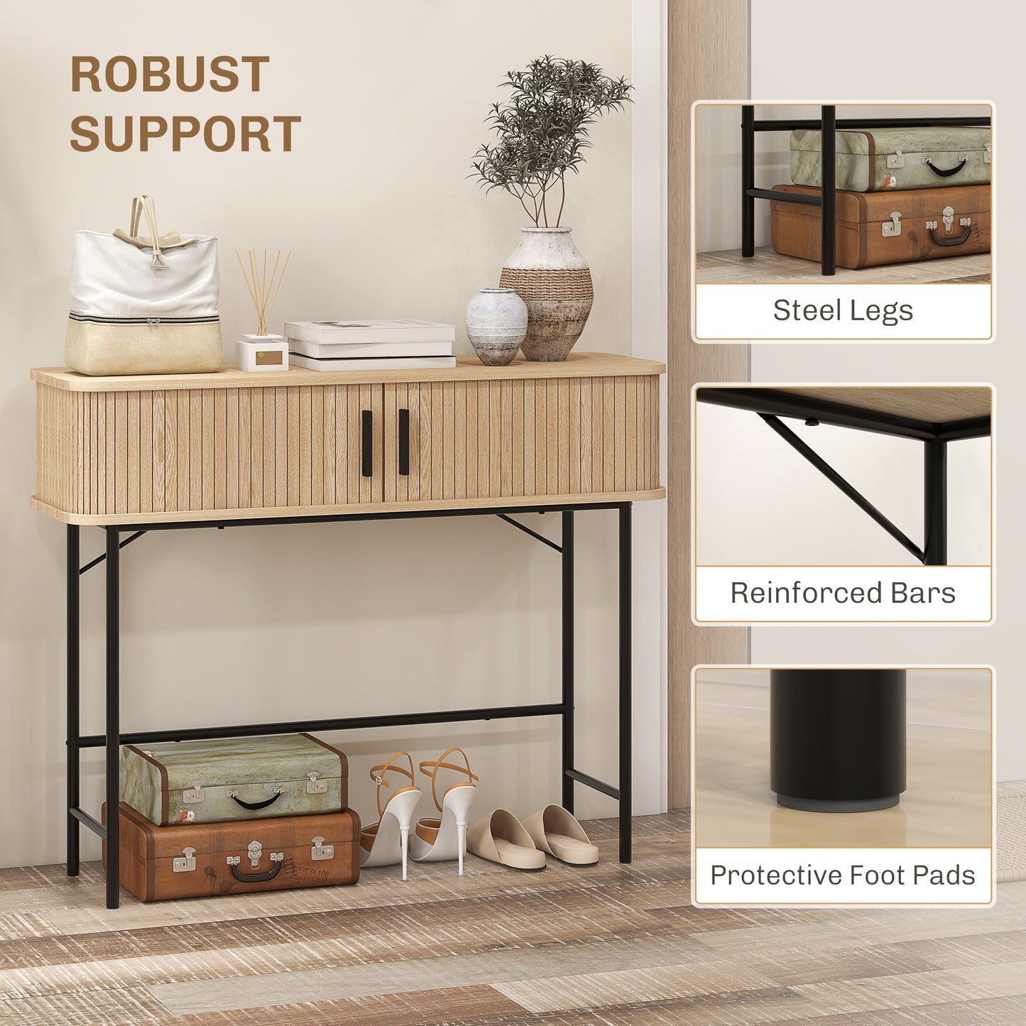 Console étroite avec portes coulissantes à lattes et pieds en acier, chêne et noir