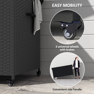 Coffre de terrasse 165 gallons en osier avec doublure imperméable, vérin à gaz et roues universelles, noir