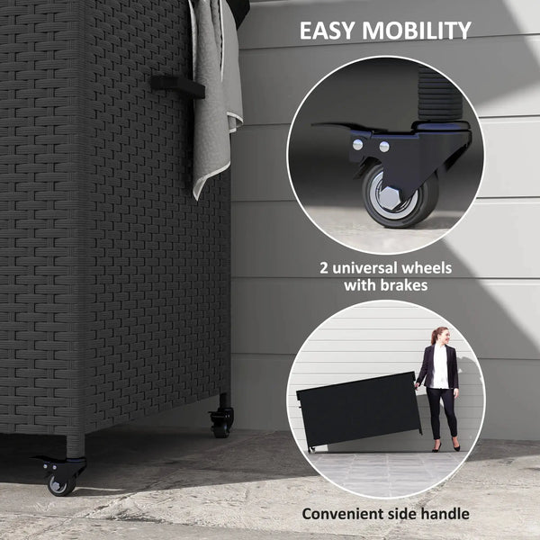 Coffre de terrasse 165 gallons en osier avec doublure imperméable, vérin à gaz et roues universelles, noir