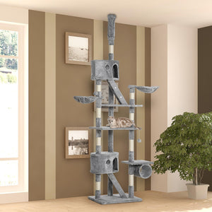 Arbre à chat géant de 240 à 250 cm, hauteur plafond, griffoir, centre d'activités, gris clair