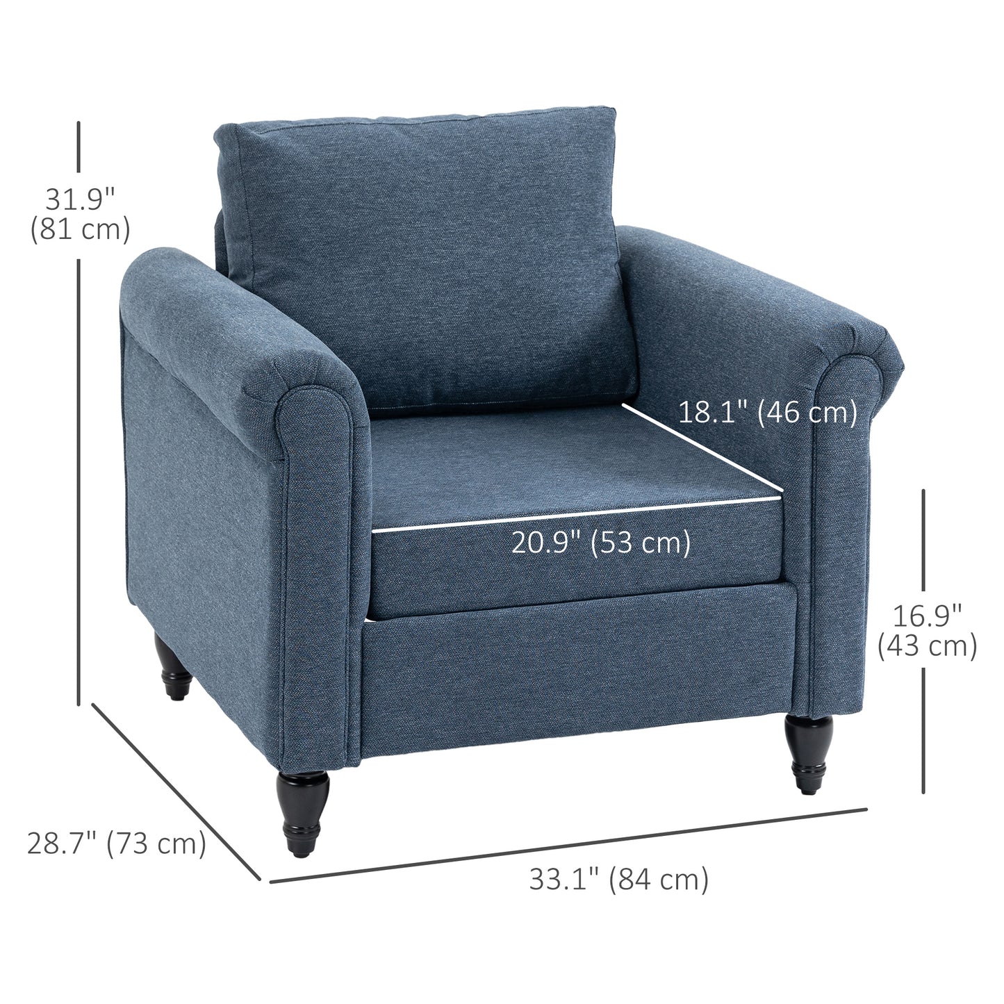 Fauteuil d'appoint rembourré avec accoudoirs roulés, pieds en bois d'hévéa en forme de gourde, bleu foncé