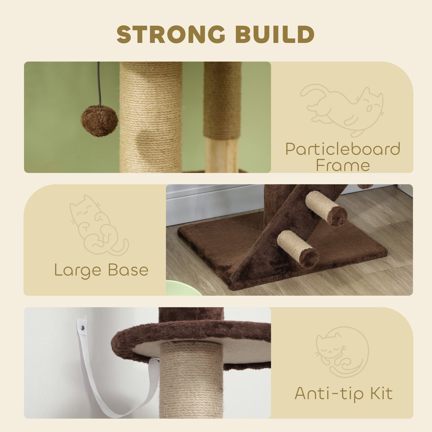 226-264 cm (89-104 in) Cat Tree with Scratching Post, Cat House, 3 Steps, Hanging Ball, Brown