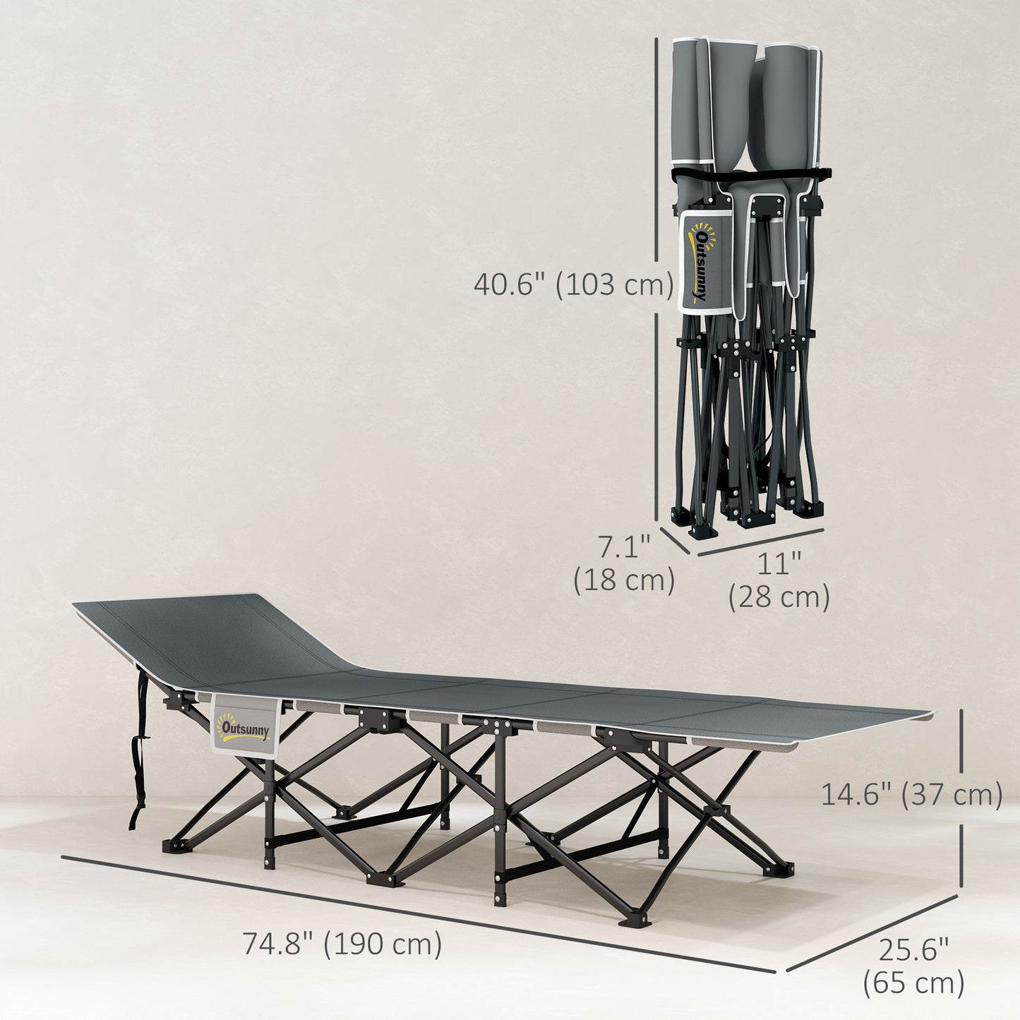 Lit de camp pour adultes avec matelas, sac de transport, poche de rangement, gris clair