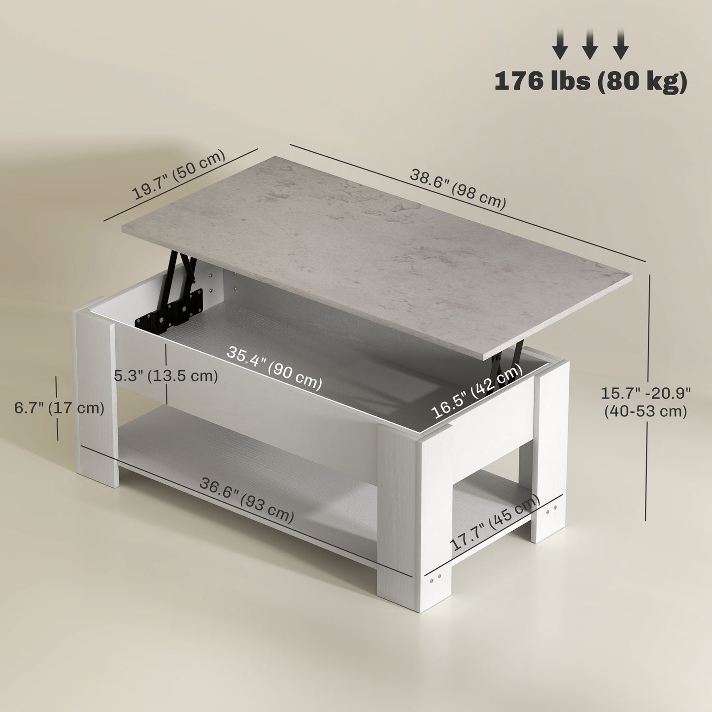 Table basse relevable avec compartiment de rangement dissimulé et étagère ouverte, blanche