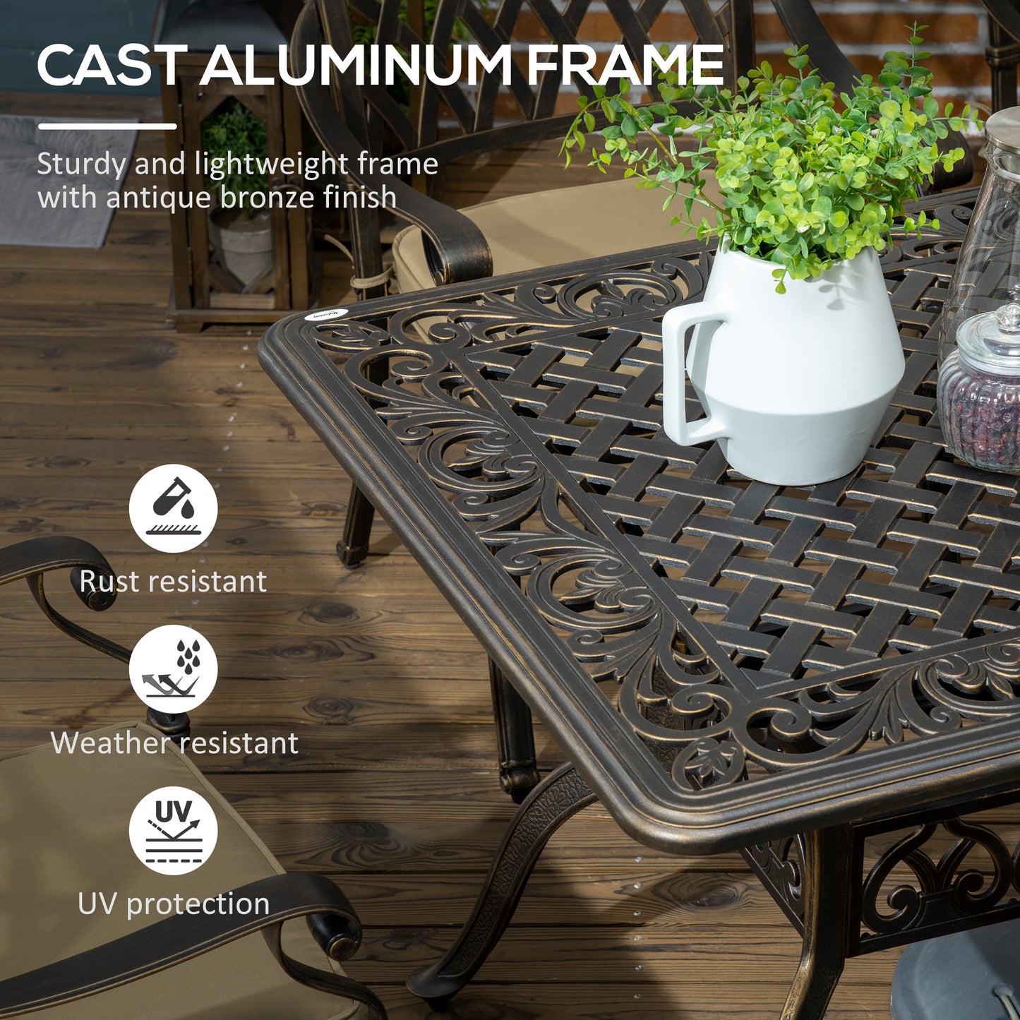 Outsunny 7 Piece Garden Dining Set with Umbrella Hole, Cast Aluminum Outdoor Furniture Set with 6 Padded Chairs and Rectangular Dining Table, for Garden, Lawn and Patio, Khaki
