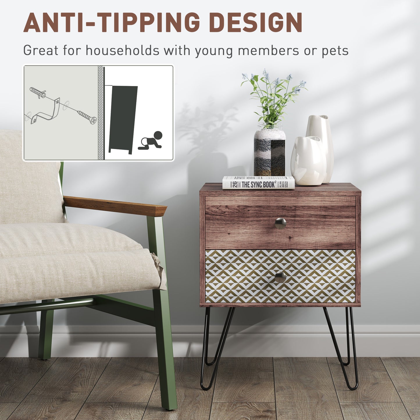 Table d'appoint avec tiroirs pour chambre à coucher ou salon, marron