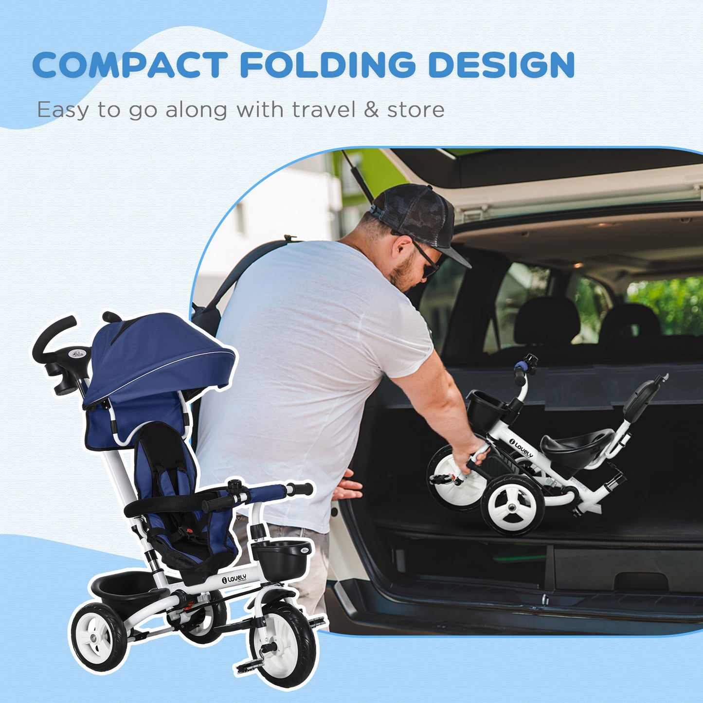6 in 1 Toddler Tricycle with Parent Handle, Dark Blue