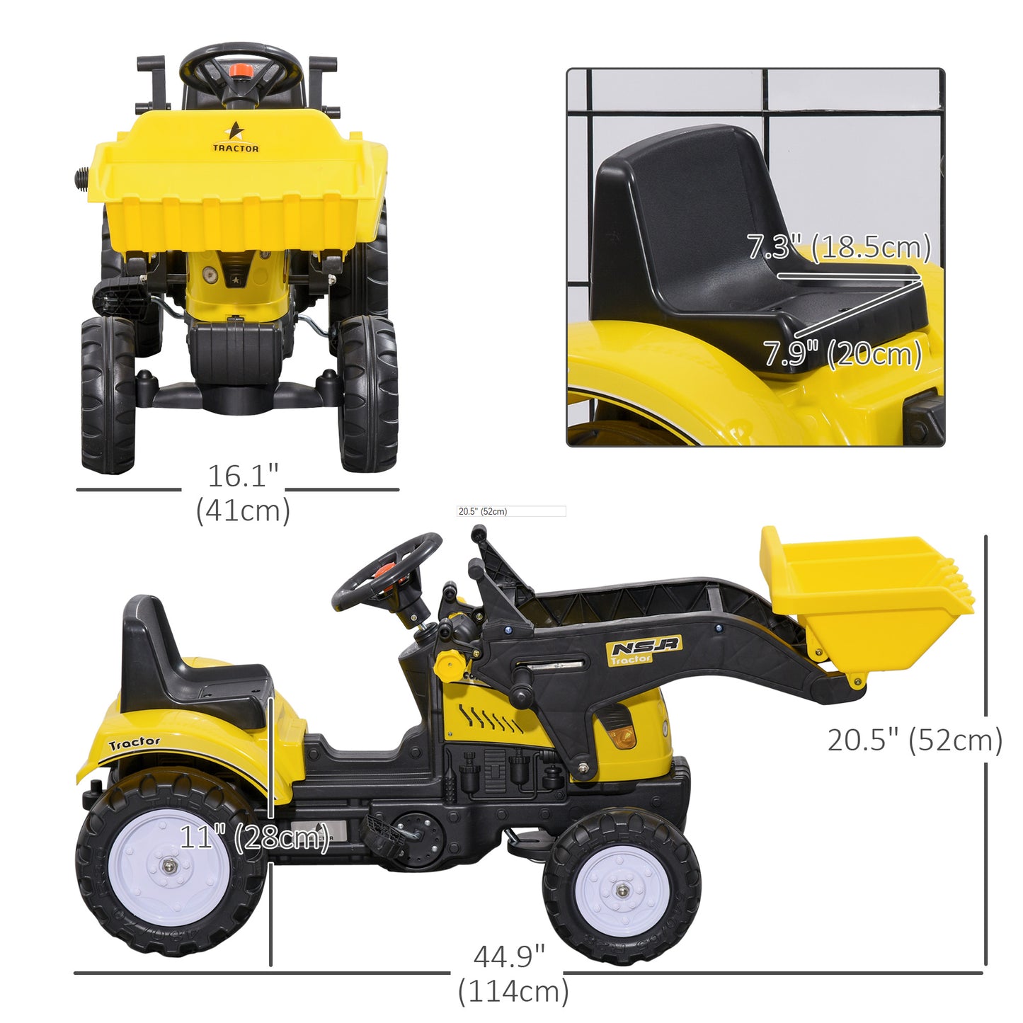 Pedal Tractor for 3 Year Old Kids, Pedal Construction Vehicle with Front Loader, Yellow