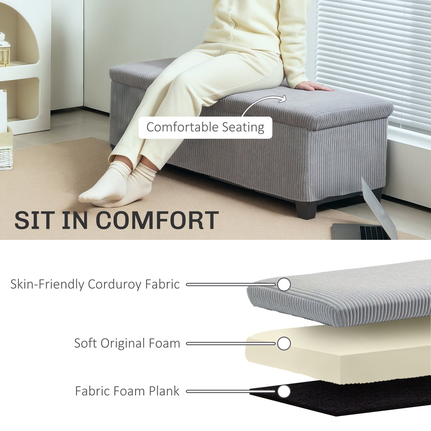 Pouf avec rangement, couvercle, pieds, banc de bout de lit en velours, gris clair