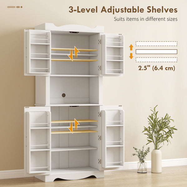 Meuble de rangement avec 12 étagères de porte et support pour micro-ondes, blanc