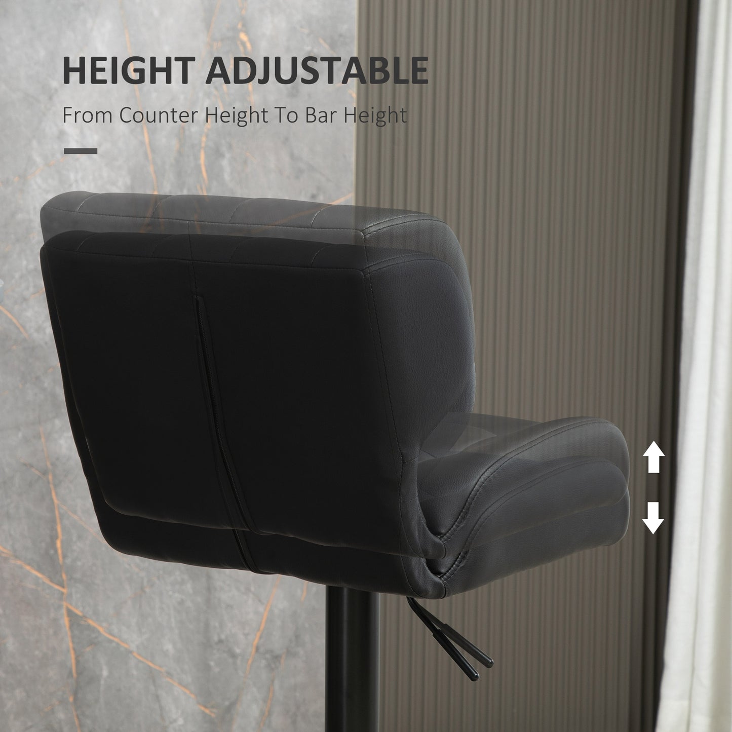 Set of 2 Adjustable Faux Leather Swivel Bar Stools with Footrest, Black