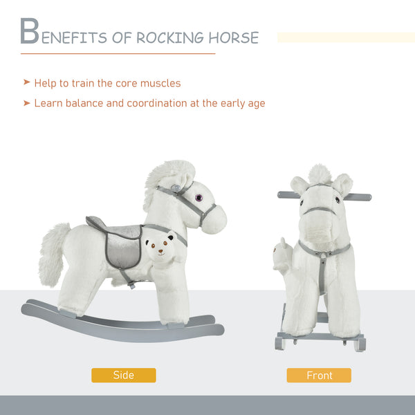 Plush Rocking Horse with Teddy Bear, White