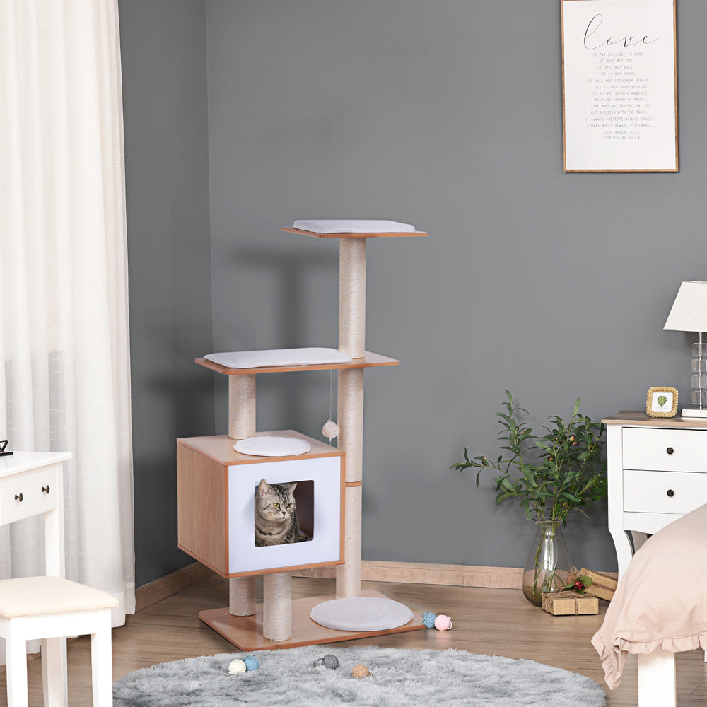 47" Wooden Cat Tree, Scratching Post, House with Cushions, Brown