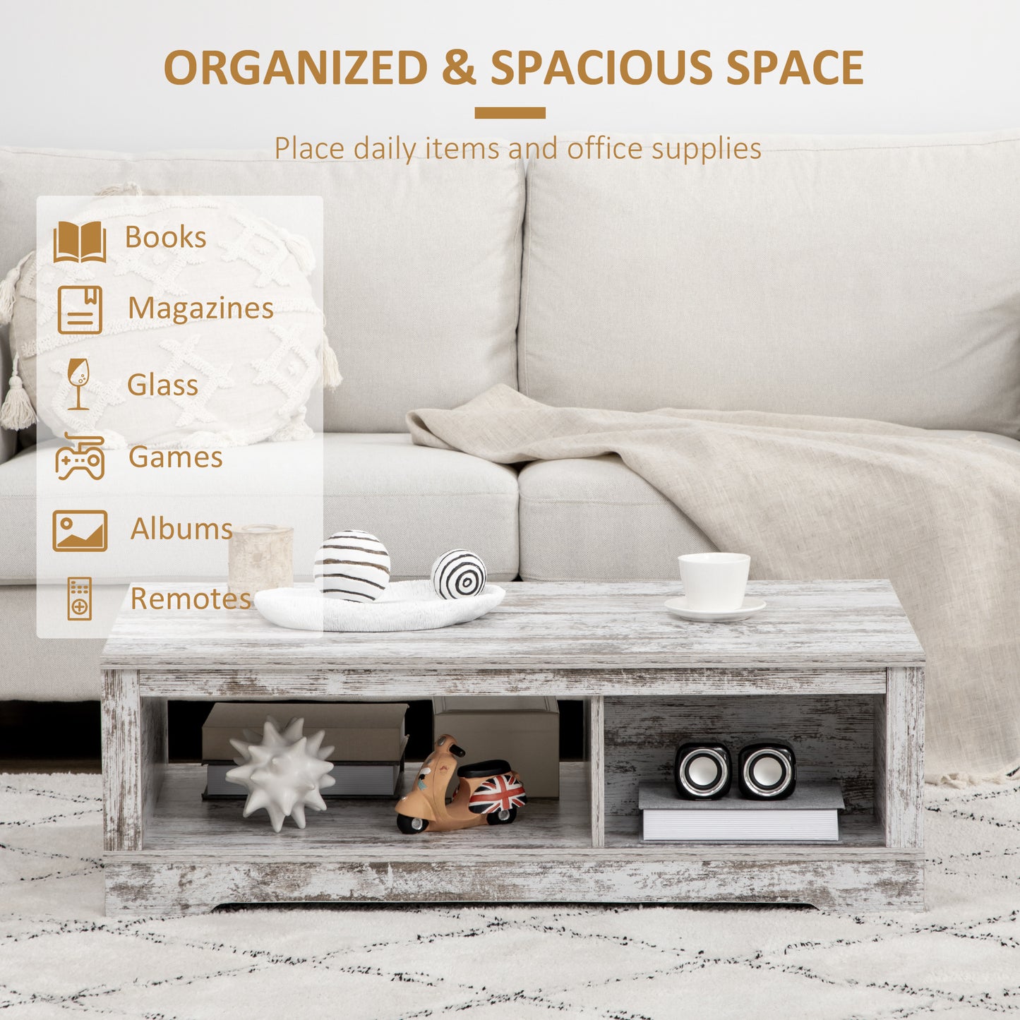Table basse de style vintage avec armoire, compartiments de rangement ouverts, blanc