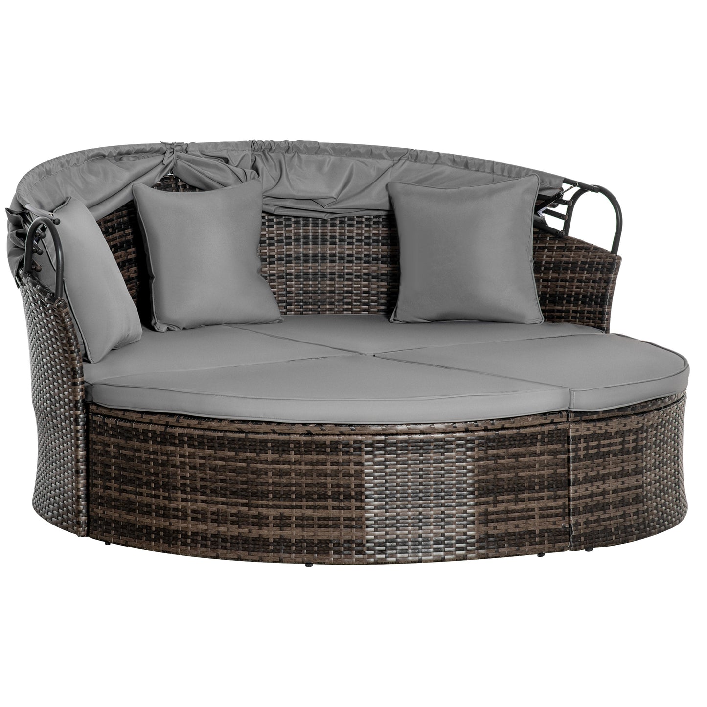 Outsunny 2-Piece Outdoor Rattan Chaise Lounge with Retractable Canopy, Round Wicker Sun Lounger Set with Cushions and Pillows, Grey Mix