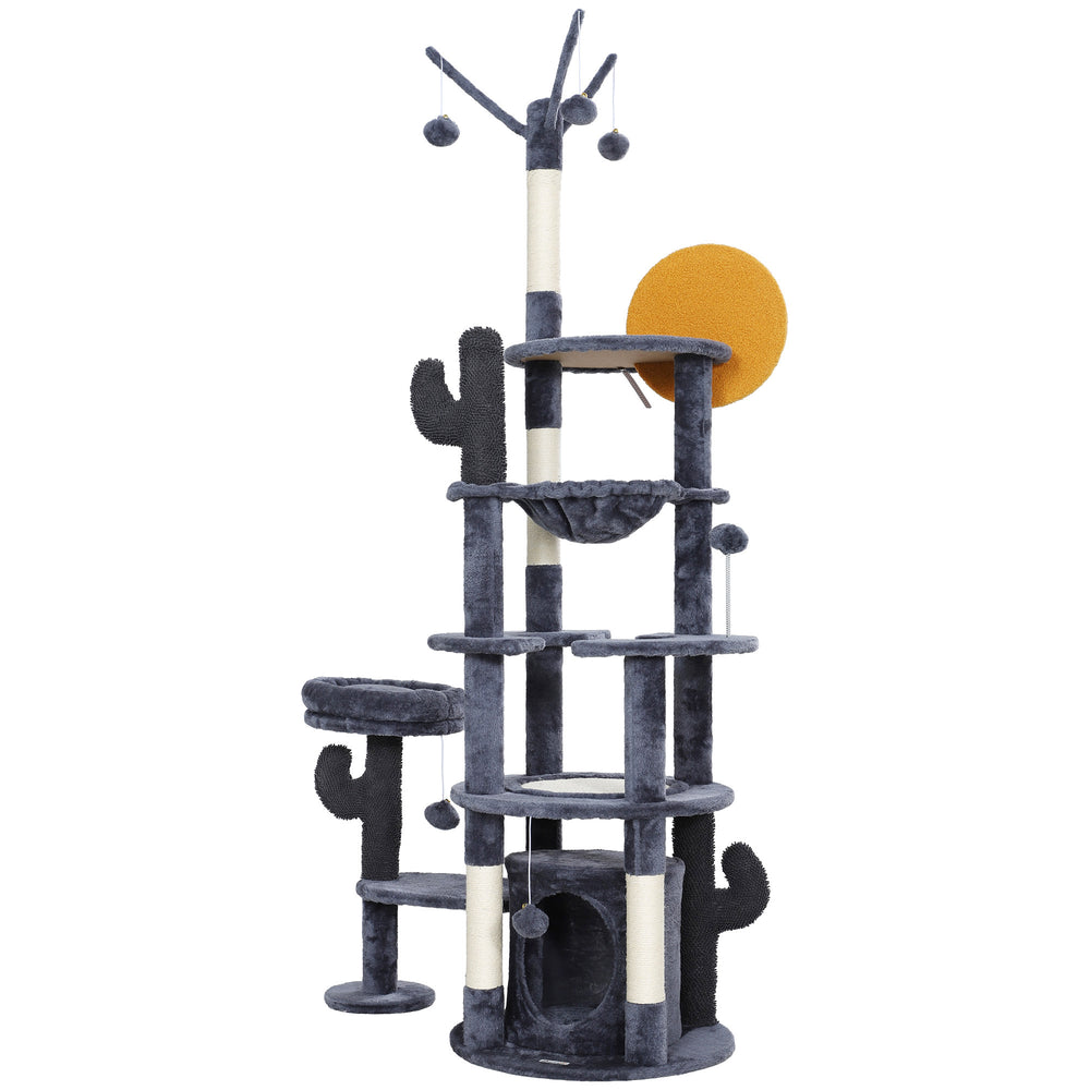 71" Cat Tree with Scratching Posts, Sisal Mat, Condo, Bed, Hammock, Play Balls, Dark Grey
