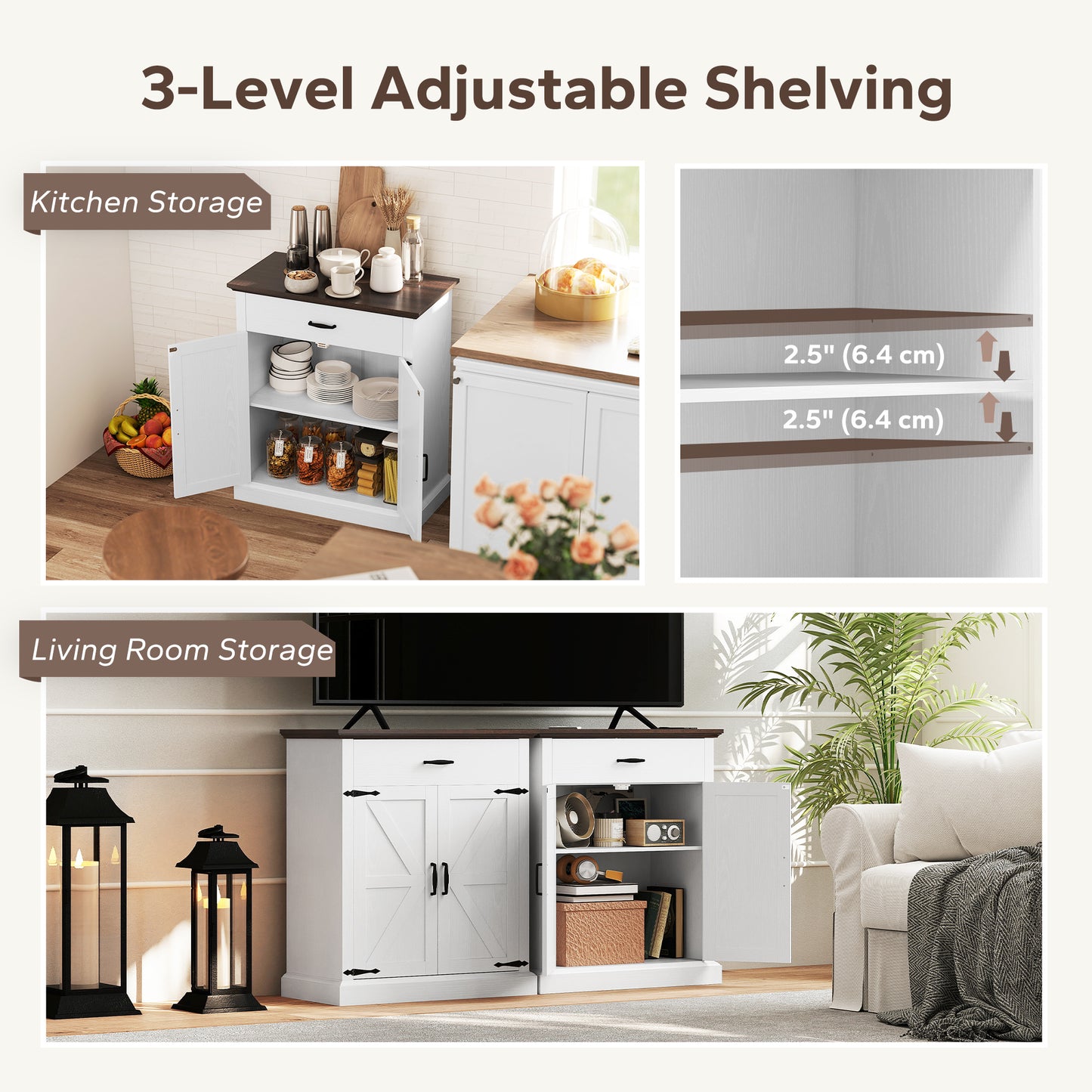 HOMCOM 76 cm sideboard, country style, with 3 cm thick top, 2 barn doors, drawer and adjustable shelf, white